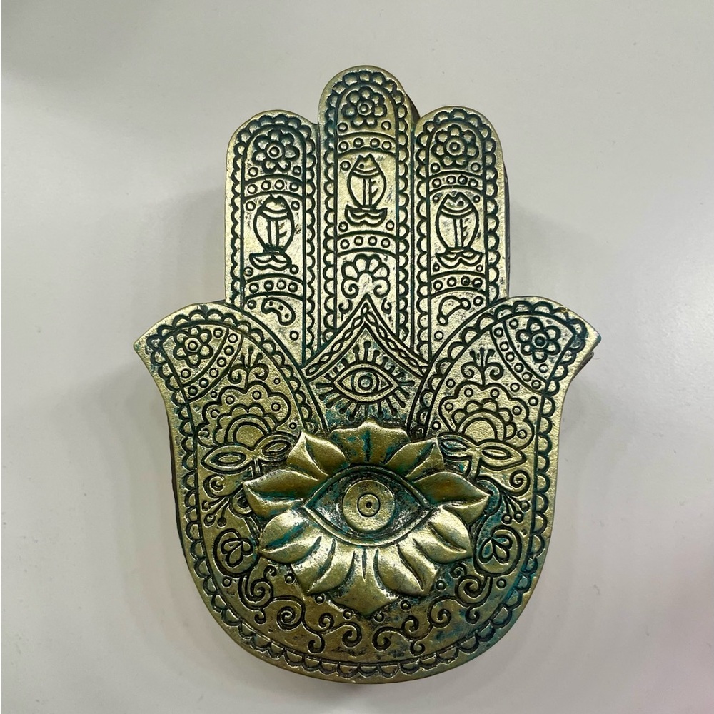Hamsa Hand Decorative Trinket Dish Jewelry Dish Evil Eye Antique Metallic Gold